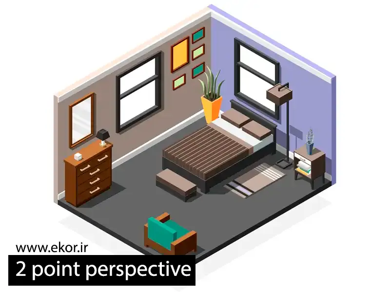 اموزش پرسپکتیو 2 نقطه ای از اتاق خواب سایت معماری ایکور