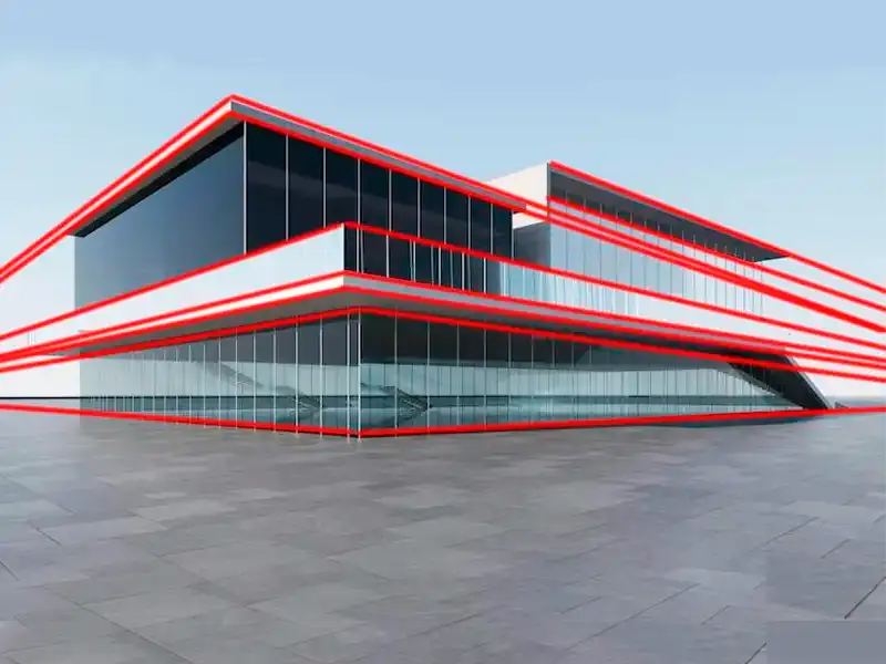 نمای خارجی ساختمان با دید زاویهای و خطوط همگرا که عمق و بعد فضا را نشان میدهد