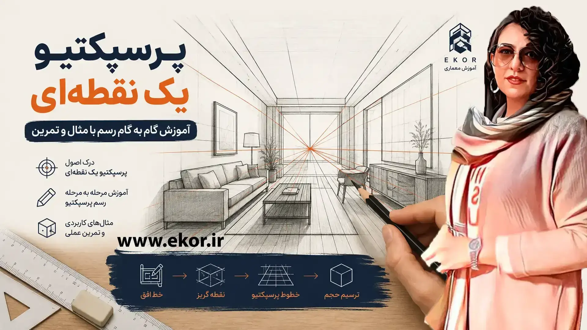 آموزش گام به گام رسم پرسپکتیو یک نقطه‌ای در معماری با نمایش نقطه گریز و ایجاد عمق در فضا