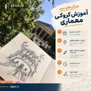 ویژگی‌های دوره آموزش کروکی معماری حضوری شامل چهار جلسه، آموزش عملی و ترسیم در فضای واقعی